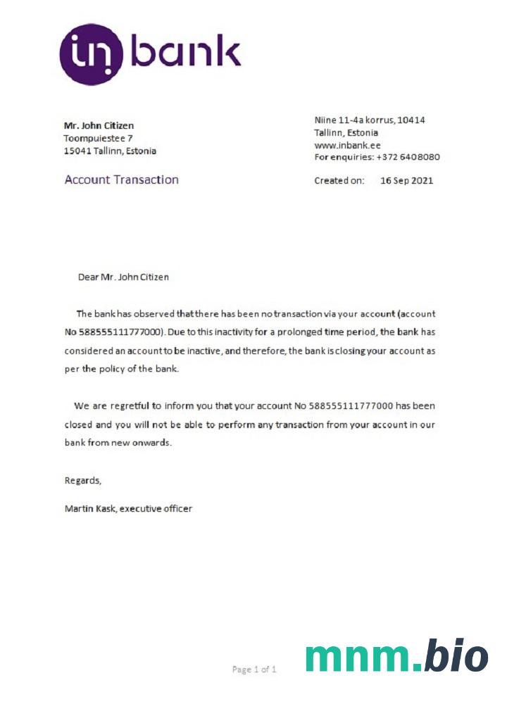 Estonia Inbank zamknięcia przykład odniesienia w formatach Word i PDF